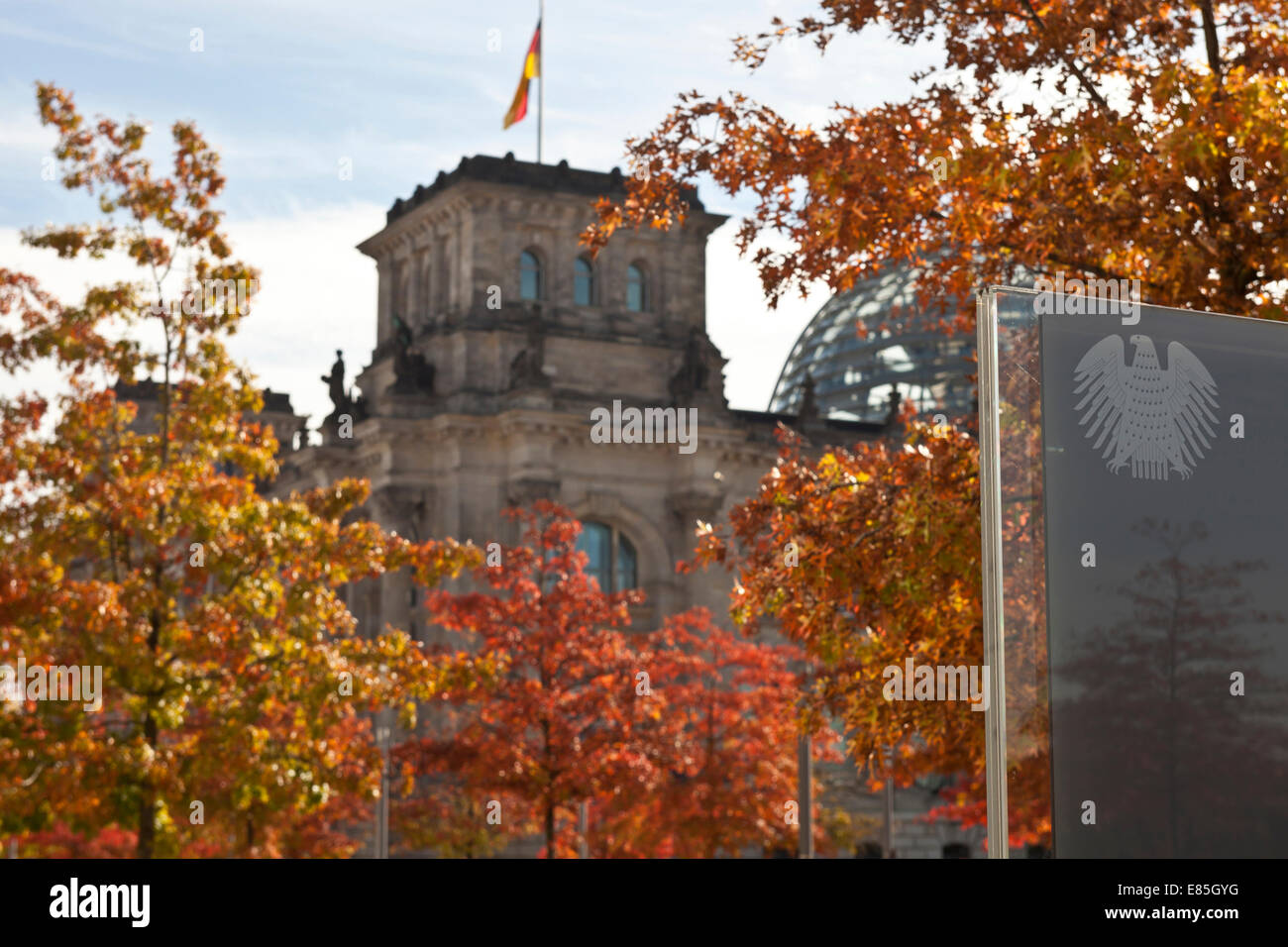 detail shot of the german parliament building Reichstag in bright automn colours Stock Photo