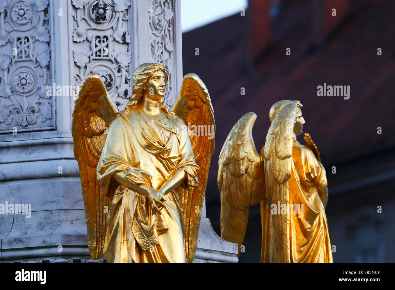 Zagreb sculpture of golden angels in front of cathedral Stock Photo