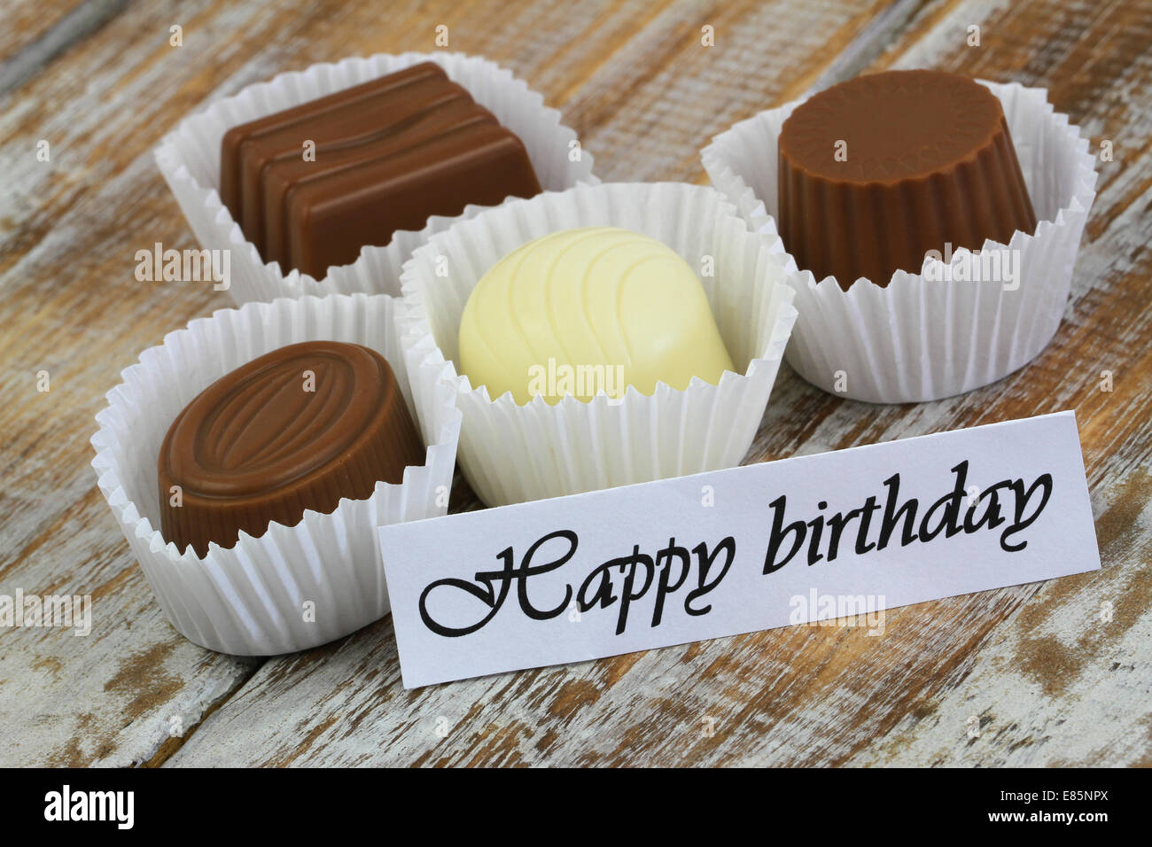 Happy birthday card with assorted chocolates Stock Photo