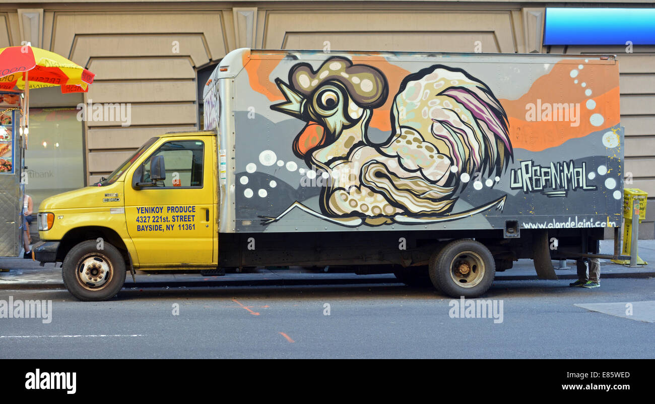 A produce truck with painted graffiti parked on the Upper West Side of Manhattan, New York City Stock Photo