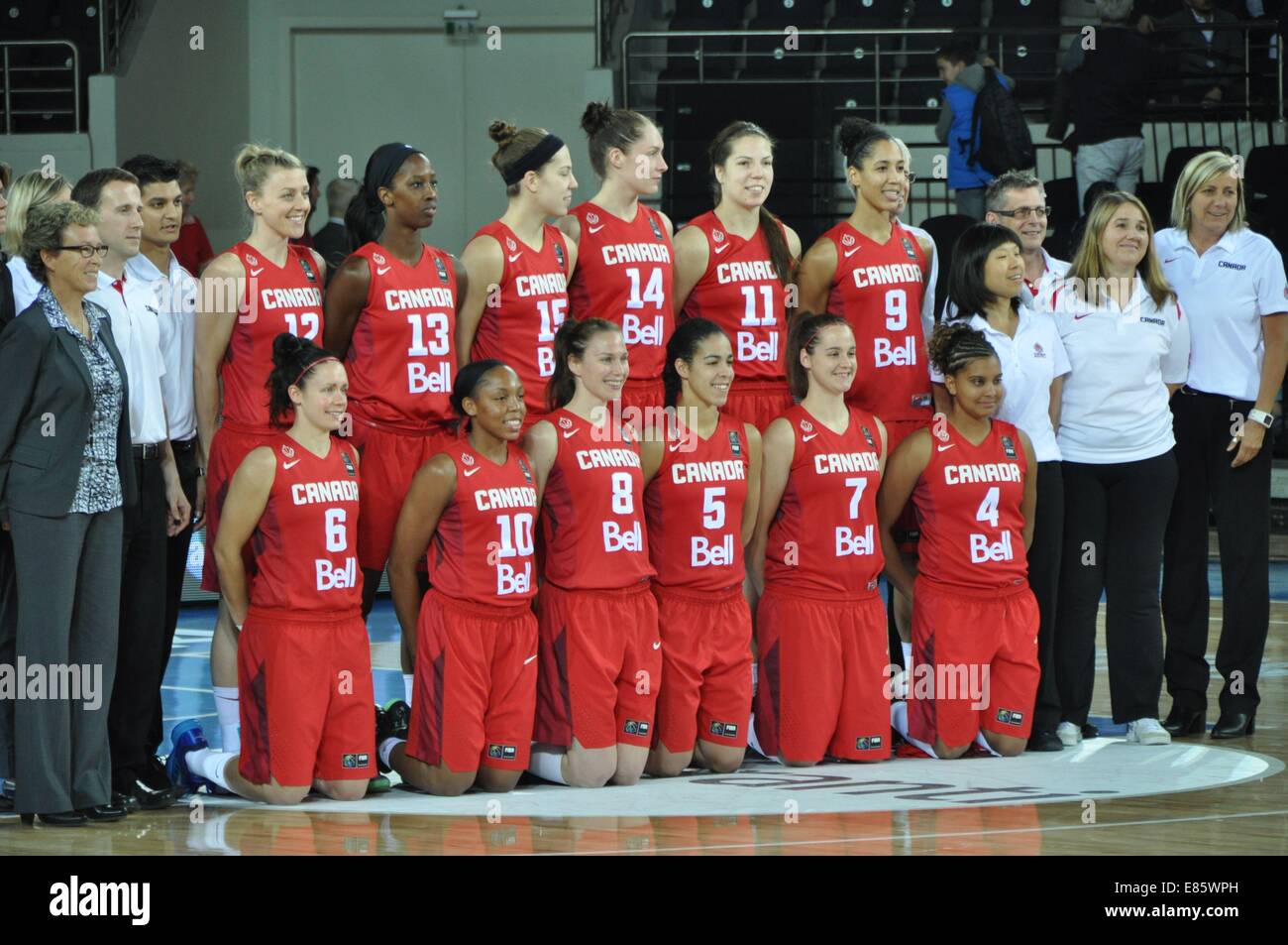 Canada team pose prior to the match against today's Czech Republic in indoor sporting arena Ankara Arena, in which these days are played 2014 FIBA World Championship for Women matches, Ankara, Turkey, on Monday September 30, 2014. (CTK Photo/David Svab) Stock Photo