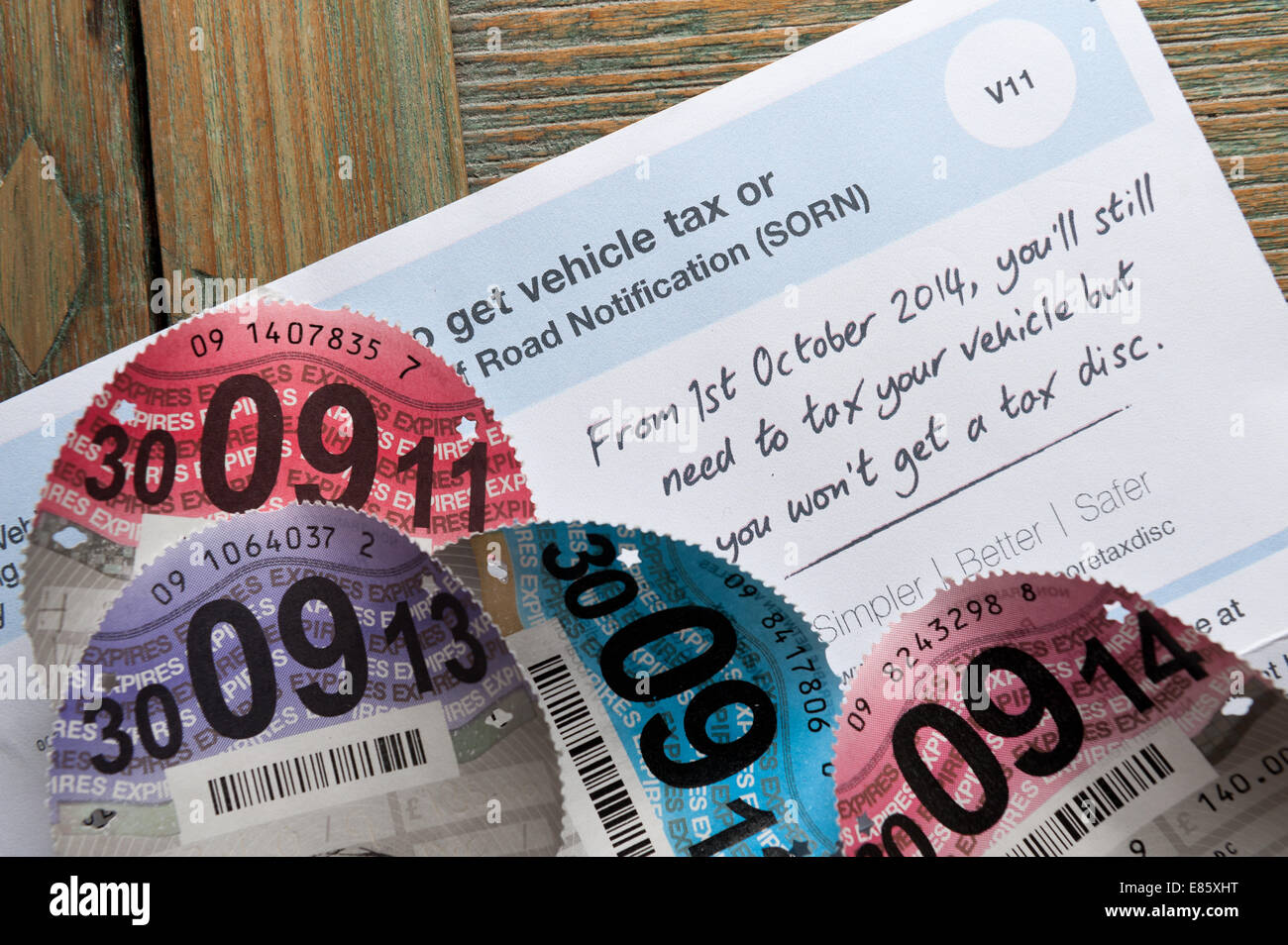 End of paper  road Tax disc from 1 October 2014 removed from windscreens V11 renewal form SORN no longer displayed needed Stock Photo
