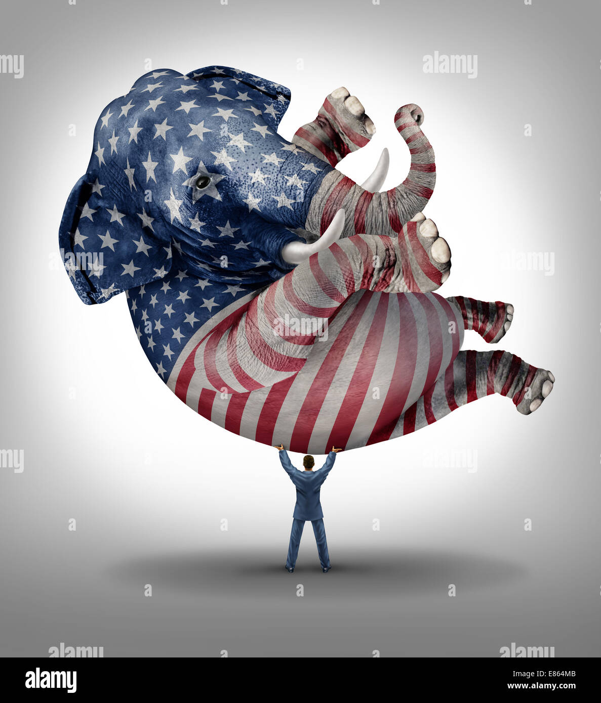 American republican vote election leadership symbol as an elephant with a painted flag of the United States with a person lifting up the animal as an icon of the conservative values in a voting campaign for president senator or congressman. Stock Photo