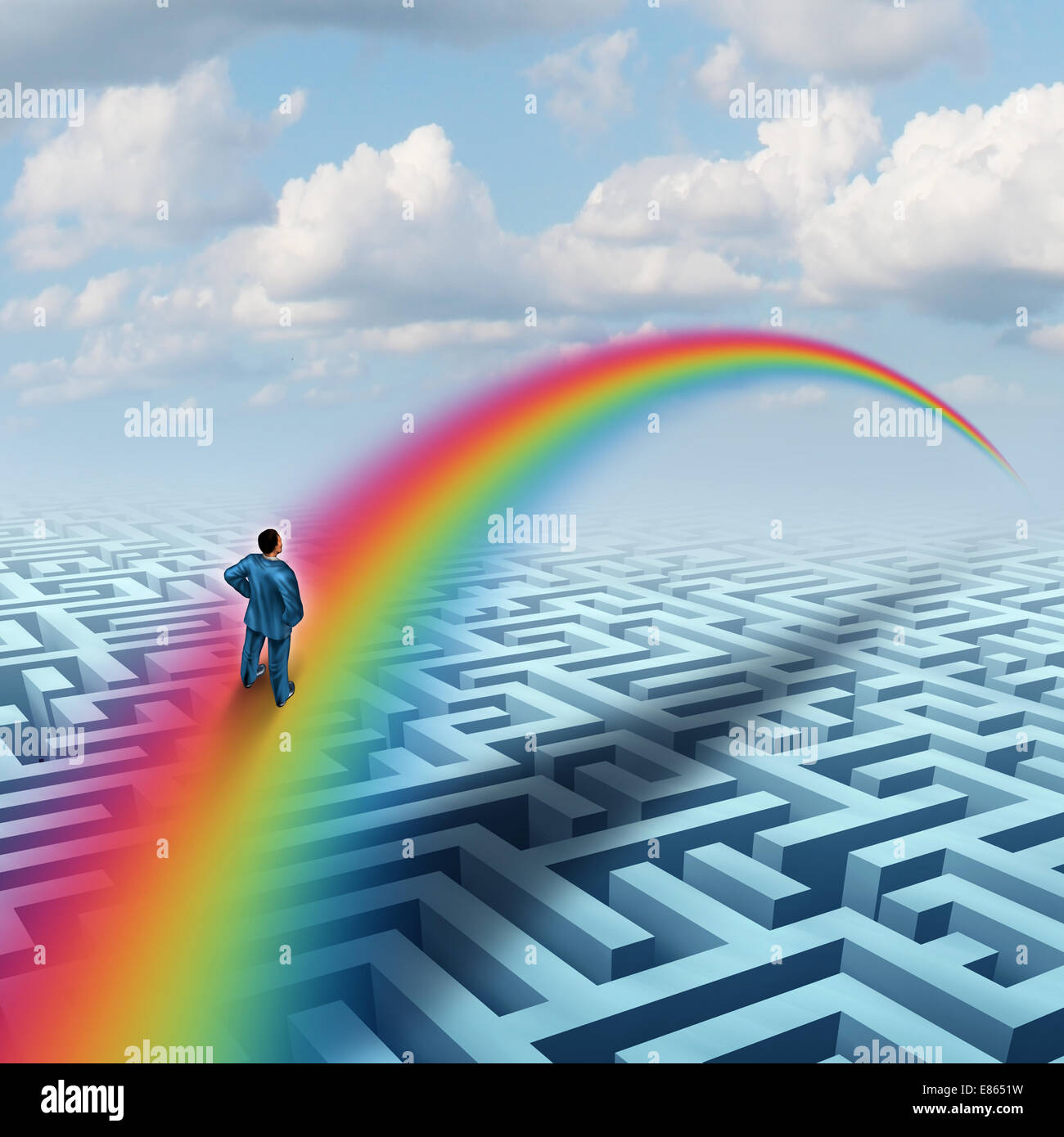 Excel concept as a creative solution to a challenge as a businessman crossing a complicated maze or labyrinth with a bridge made from a rainbow  as a success metaphor for visualizing a future accomplishment or virtual reality. Stock Photo