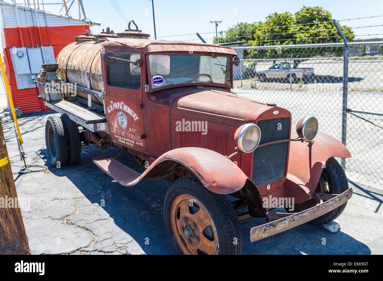 An antique fuel truck at Cable airport in Upland California Stock Photo
