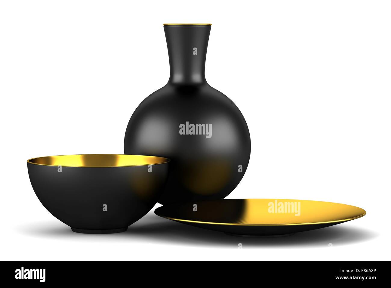 black vase with bowls isolated on white background Stock Photo - Alamy
