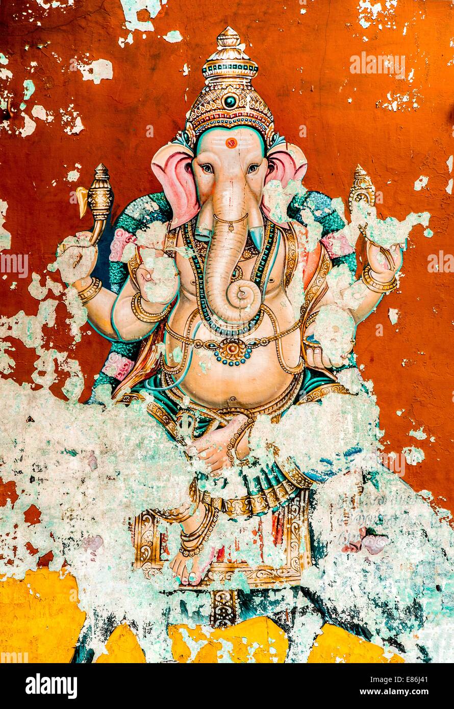 Ganesh ancient fresco (also spelled Ganesa and Ganesh), is one of the best-known and most widely worshipped deities in the Hindu pantheon. His image is found throughout India and Nepal. Stock Photo