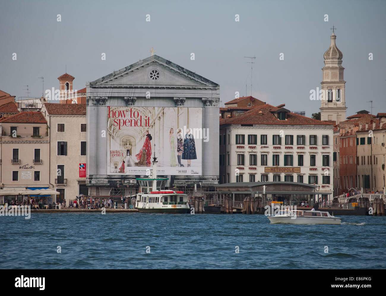 Grand canal as seen from the island of San Giorgio Maggiore classic Venice water buses, water Taxis,, palaces,and bell towers,an Stock Photo