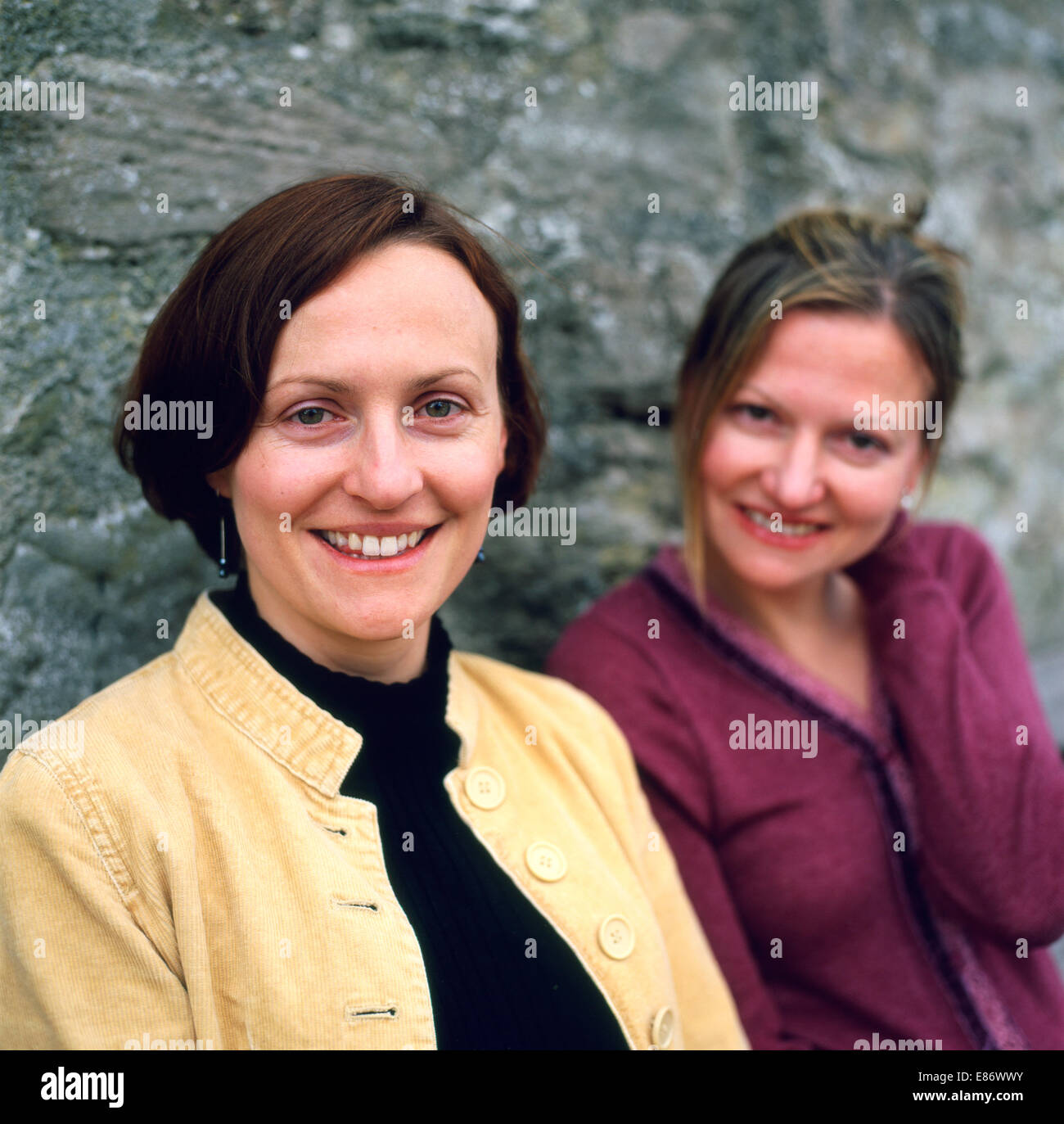 Author Francesca Rhydderch l. and her sister, poet Samantha Wynne Rhydderch r. at Hay Festival, Hay-on-Wye Wales UK KATHY DEWITT Stock Photo