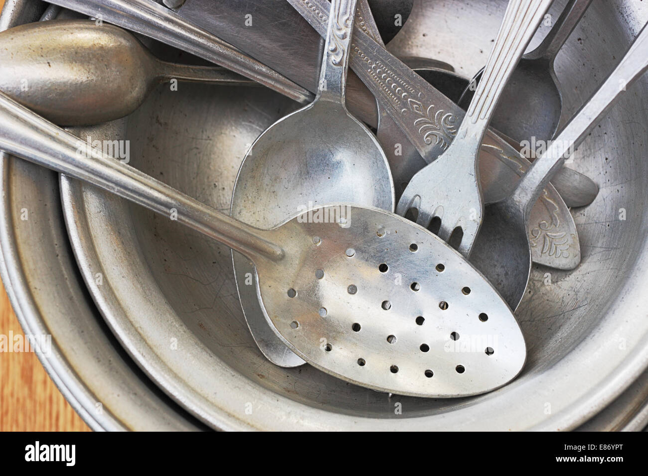 Old aluminum cookware Stock Photo