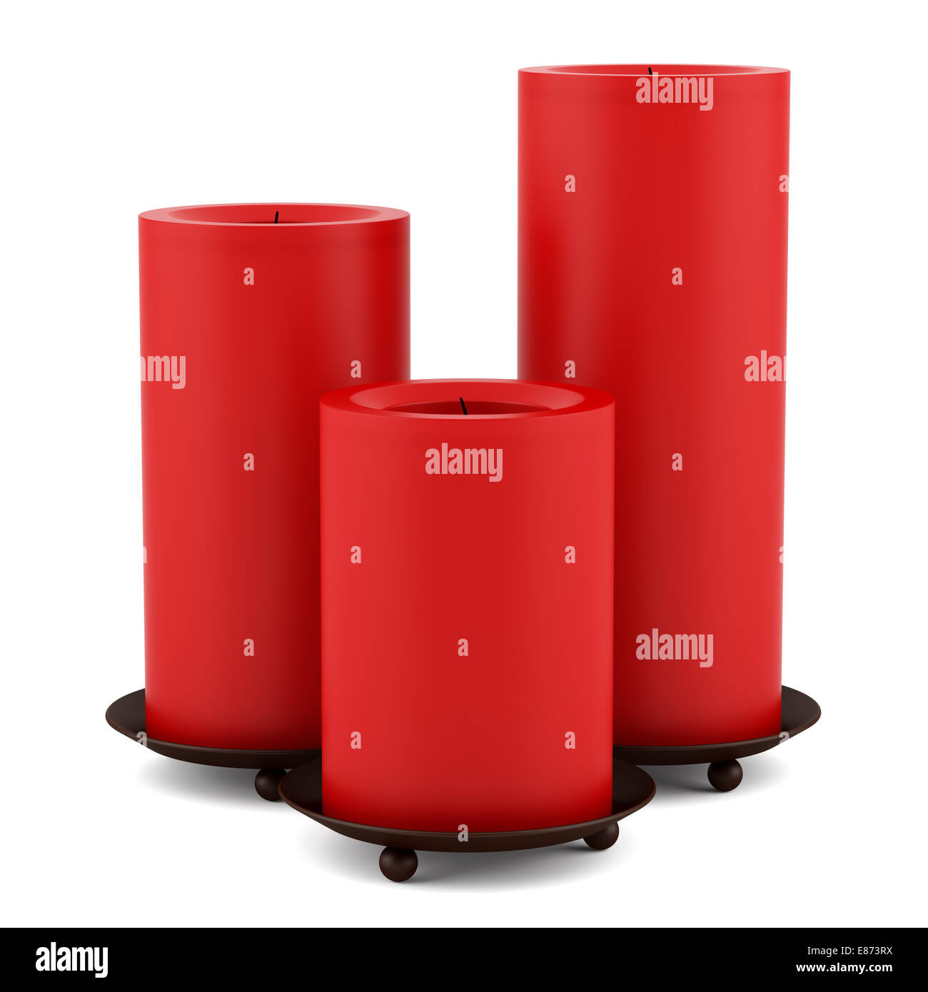 three red candles candlesticks isolated on white background Stock Photo