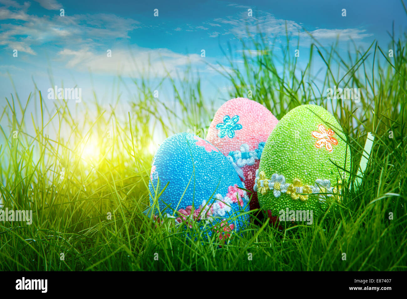 Decorated easter eggs in the grass on blue sky background Stock Photo ...
