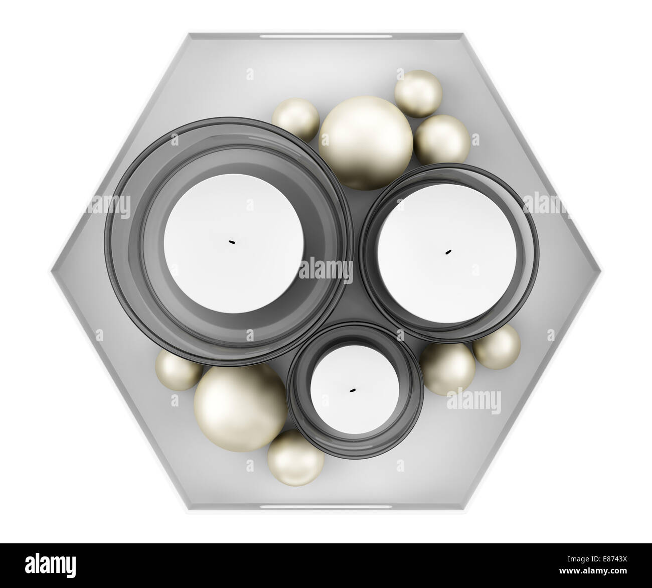 top view of glass candlesticks with candles on tray isolated on white ...