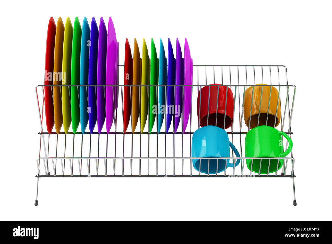 plate rack with multicolor tableware isolated on white background Stock Photo