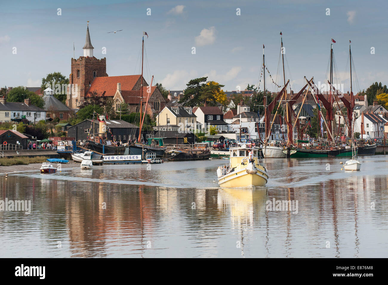 A boat leaving Hythe Quay in Maldon on the Blackwater River in Essex. Stock Photo