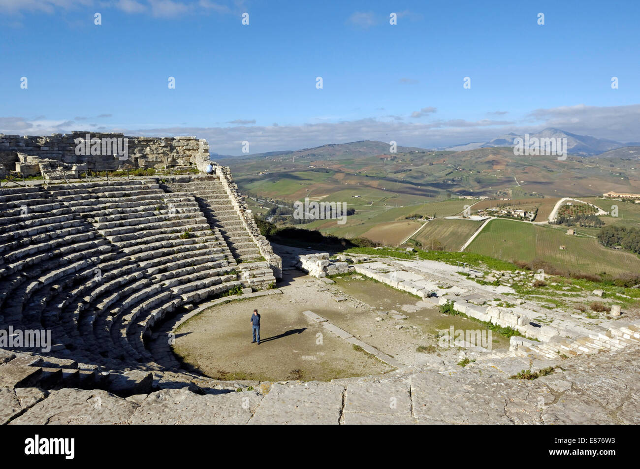 view  on the Greek theatre at Segesta, near Calatafimi in Sicily Stock Photo