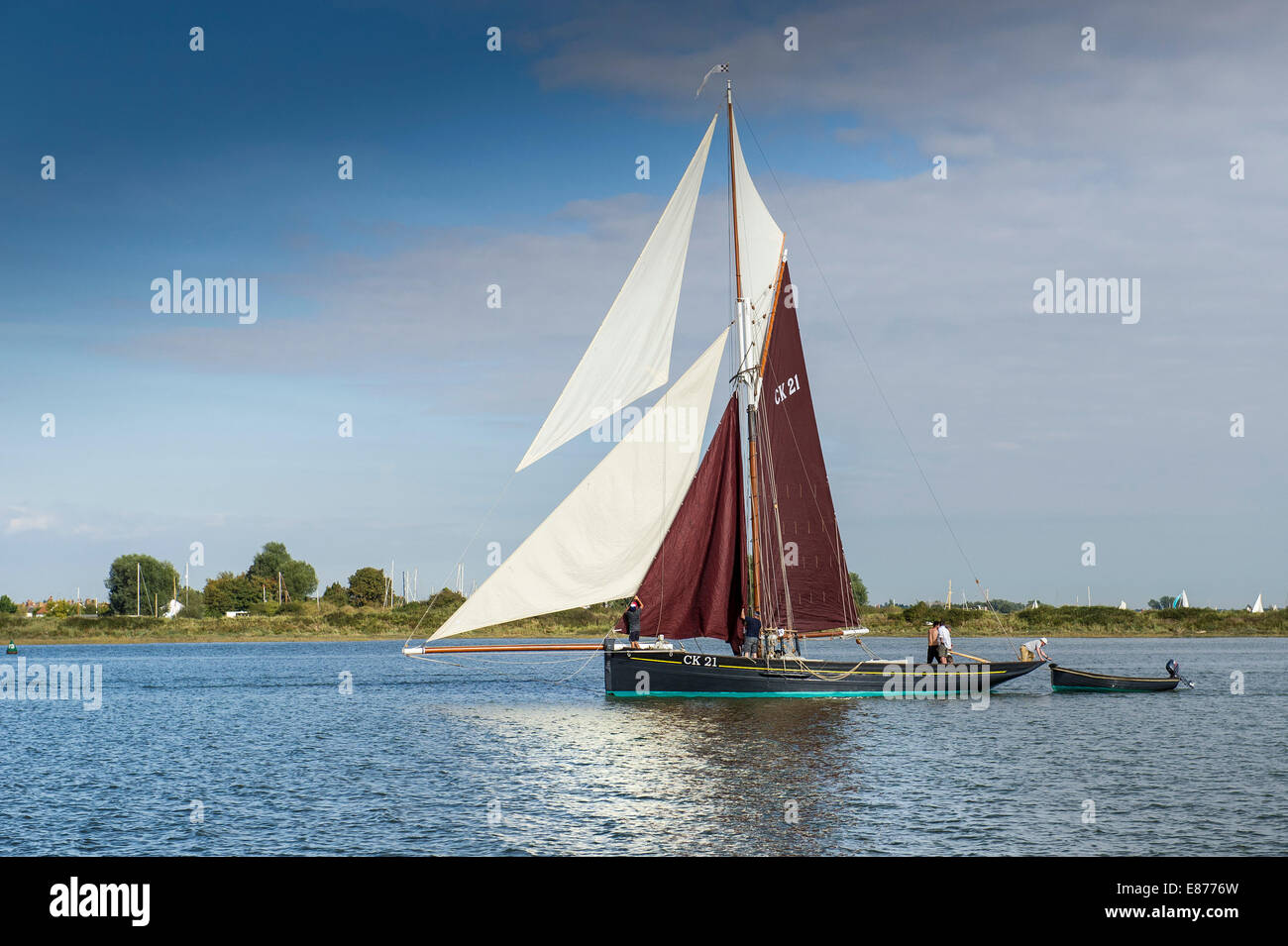An historic gaff rigged East Coast Fishing Smack on the Blackwater River in Essex. Stock Photo