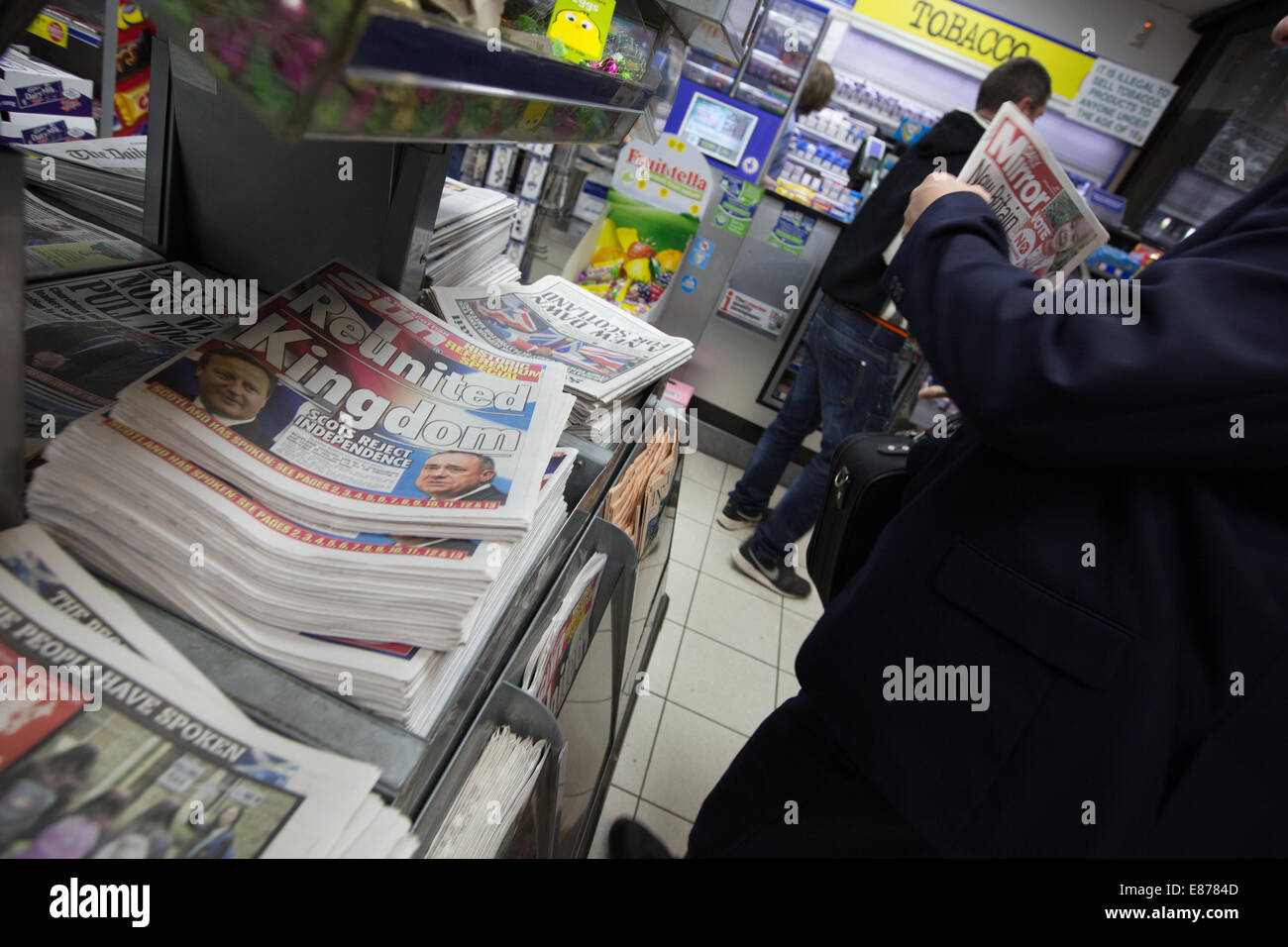 Newspapers on sale, with result of the referendum, as the results come in for the Scottish independence referendum, 2014. Stock Photo