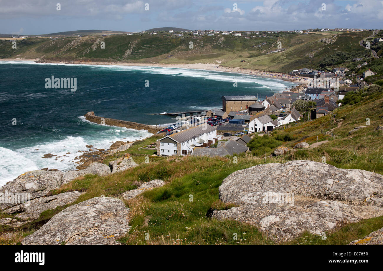 Looking down from the cliff top at Sennen Cove, Cornwall, England, UK. Stock Photo