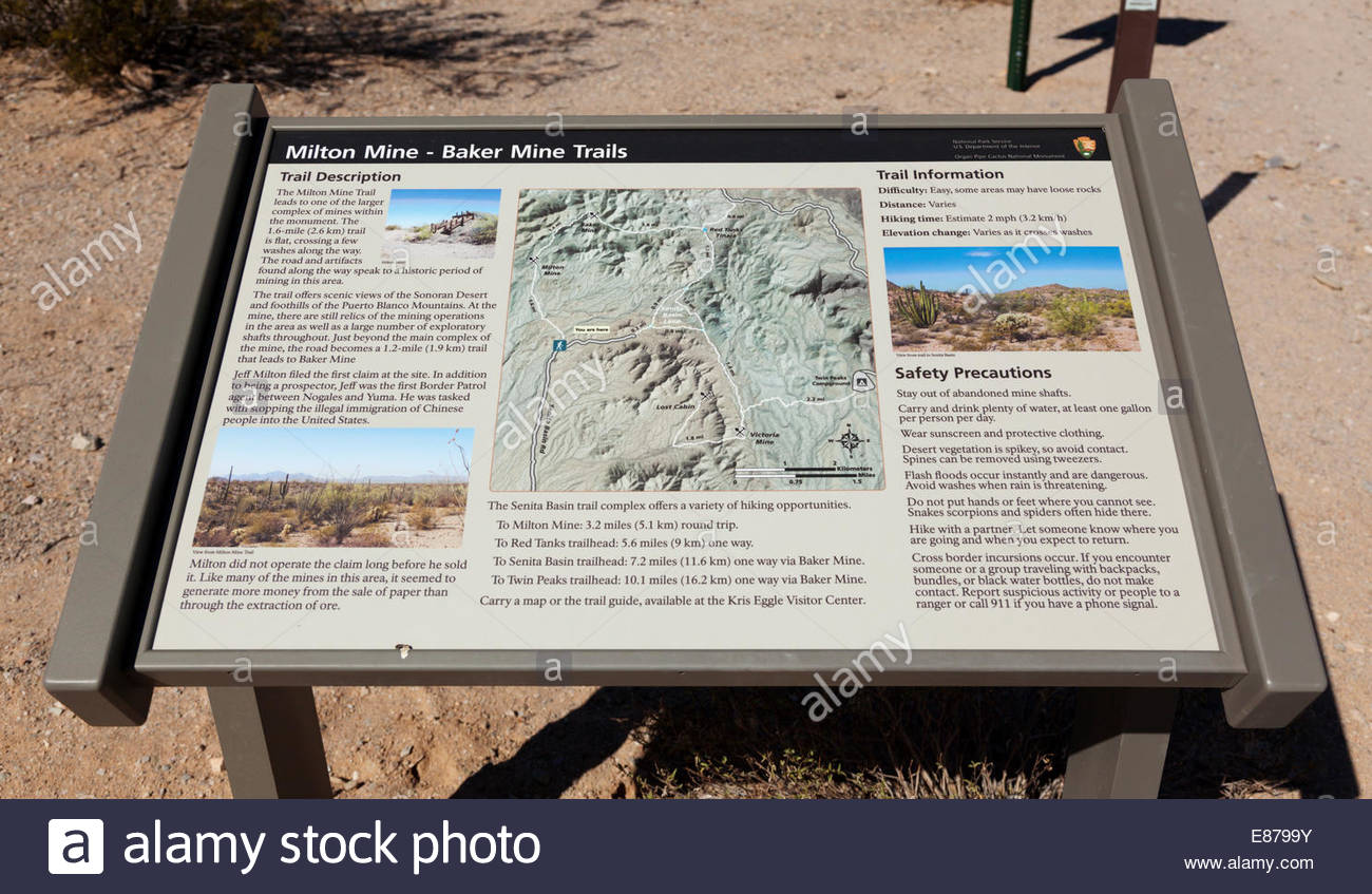 Sign Information Milton Mine Baker Trails Organ Pipe Cactus National Stock Photo Alamy