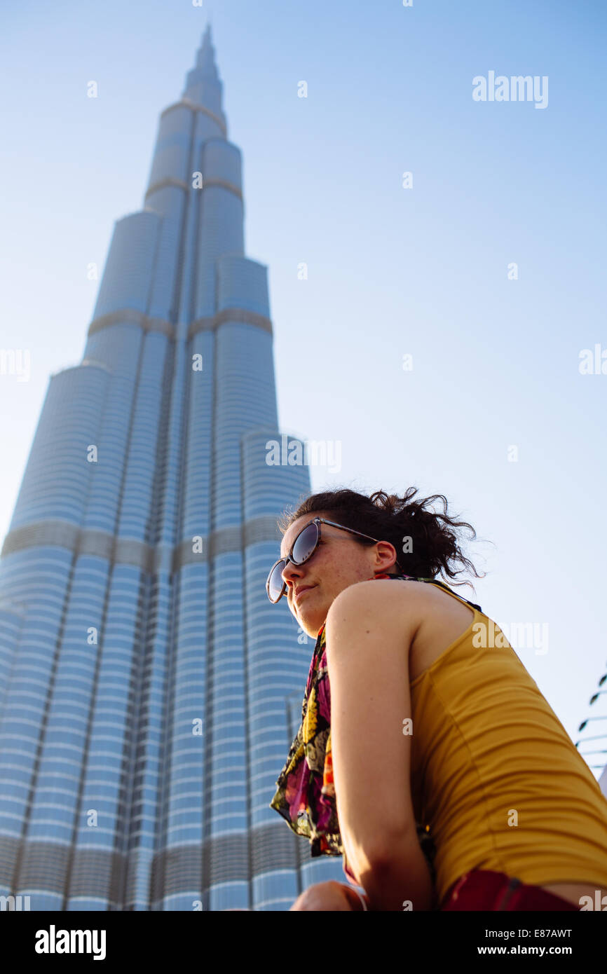 Caucasian woman at Burj Khalifa building, Dubai, UAE Stock Photo Alamy