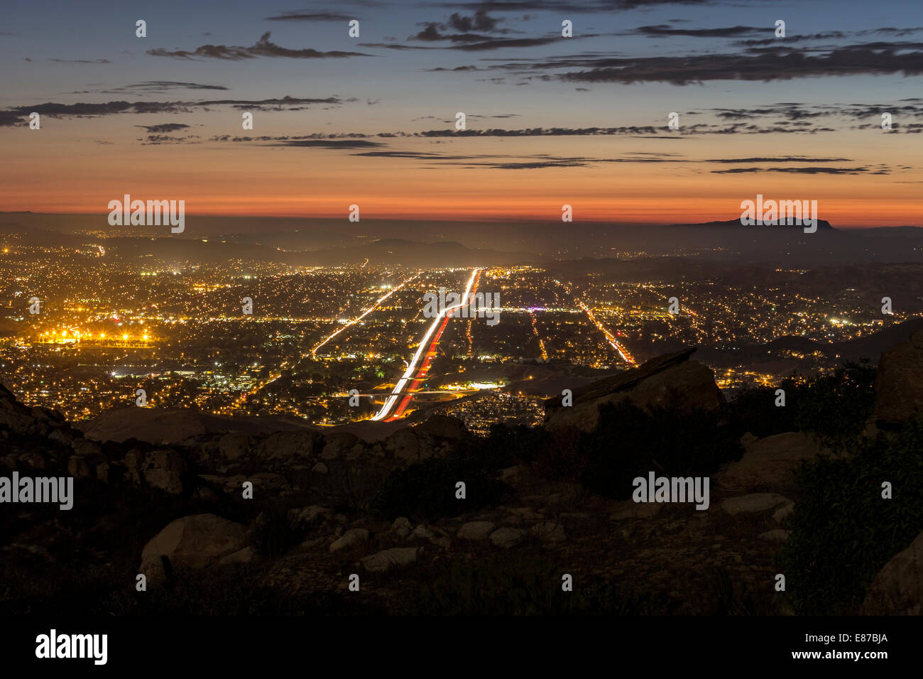 View of Los Angeles suburb Simi Valley from Rocky Peak mountain park in southern Ventura County