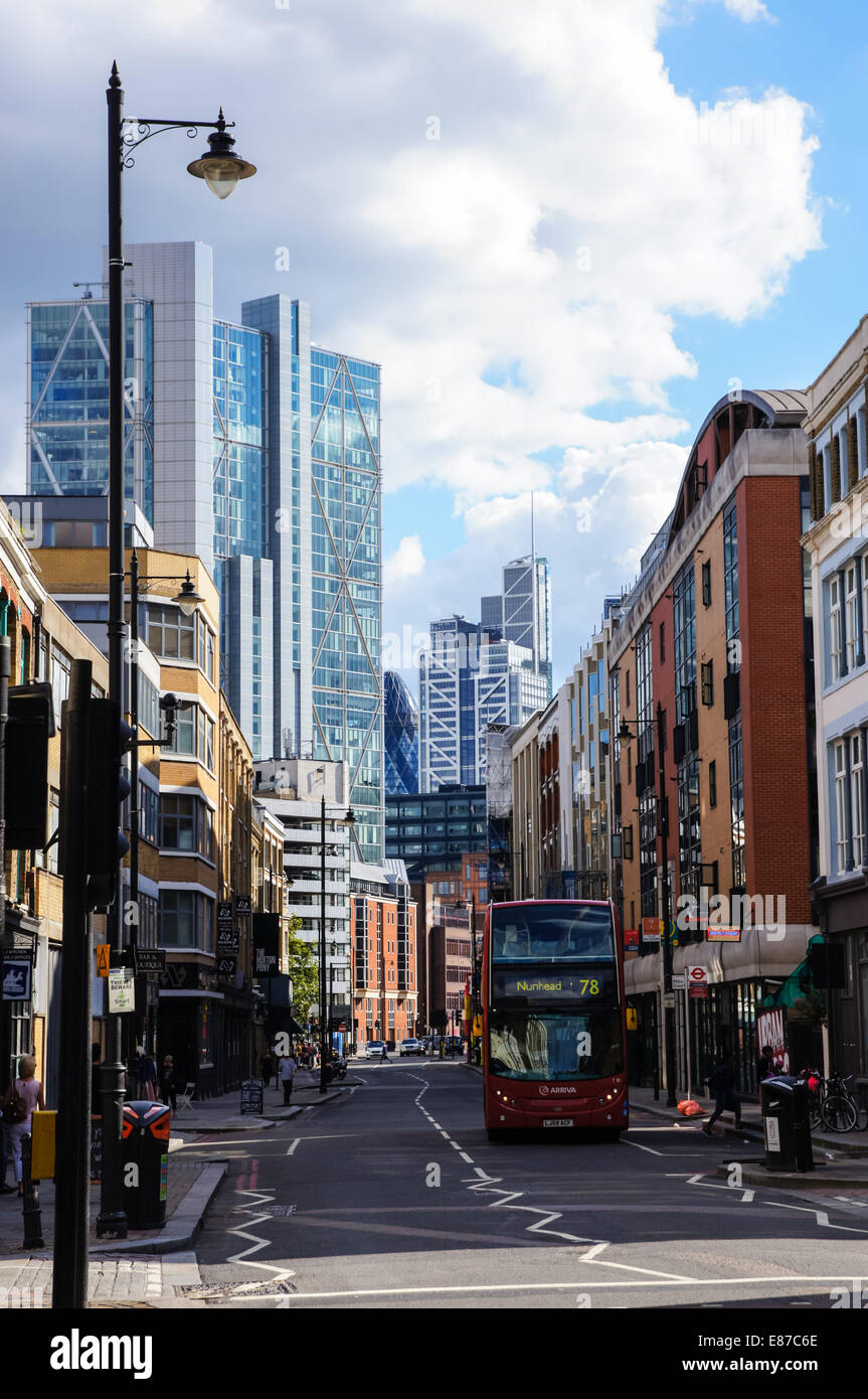 Curtain Road in Hackney with the Broadgate Tower in the background, London England United Kingdom UK Stock Photo