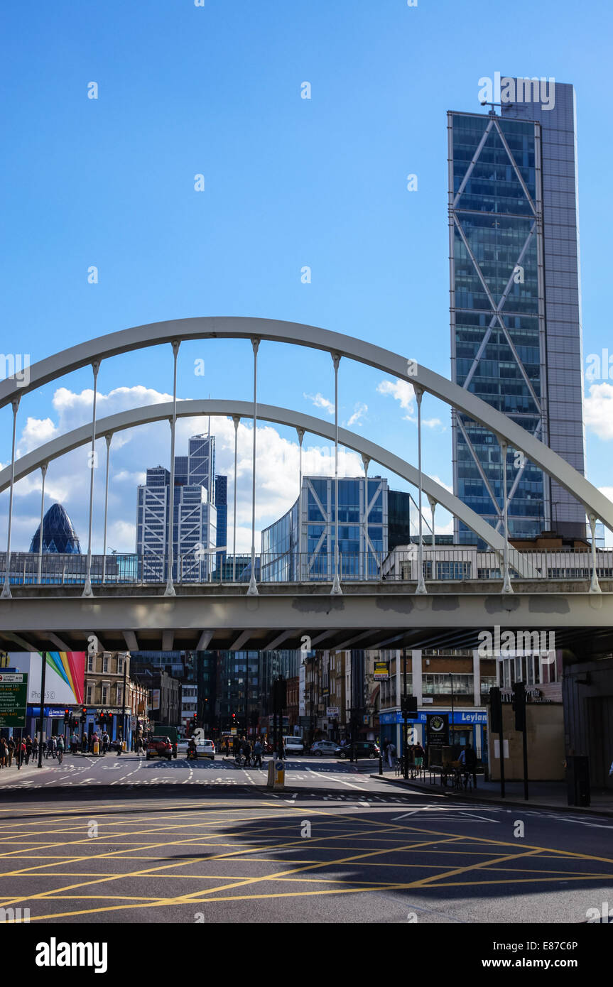 Railway bridge on Shoreditch High Street with the Broadgate Tower in the background, London England United Kingdom UK Stock Photo