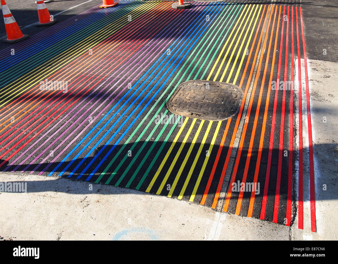 installation of new Rainbow pedestrian crosswalk, Castro Street Stock Photo