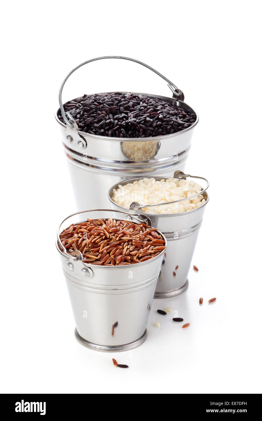 Different kind of rice in buckets. Isolated on white Stock Photo Alamy