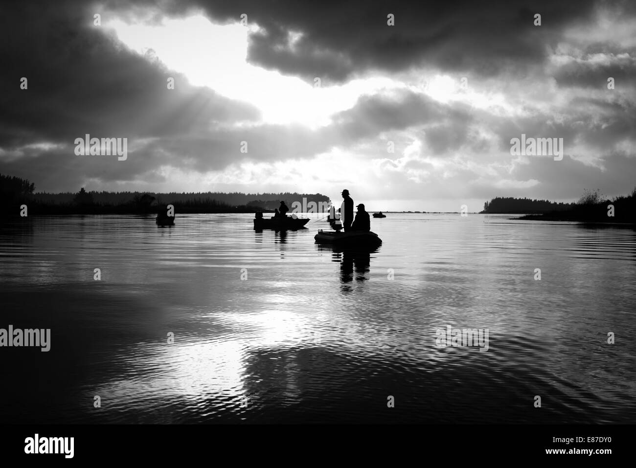 Salmon fishing at daybreak on the Waimakariri River, Canterbury, New Zealand. Stock Photo