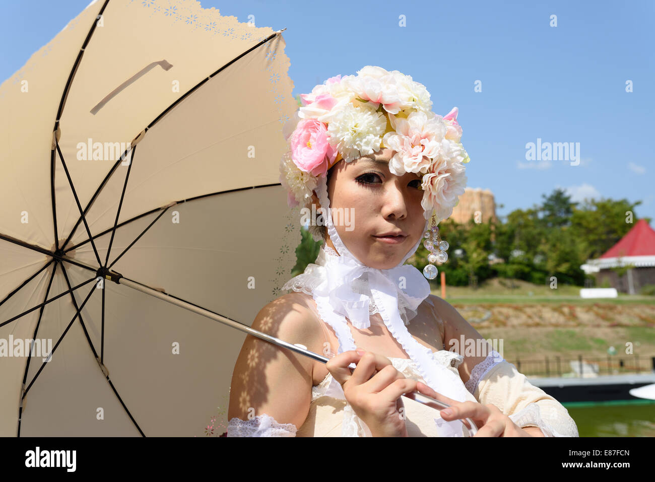 Cute anime girl, profile view, sakura blossom, white dress, umbrella, Anime,  HD wallpaper