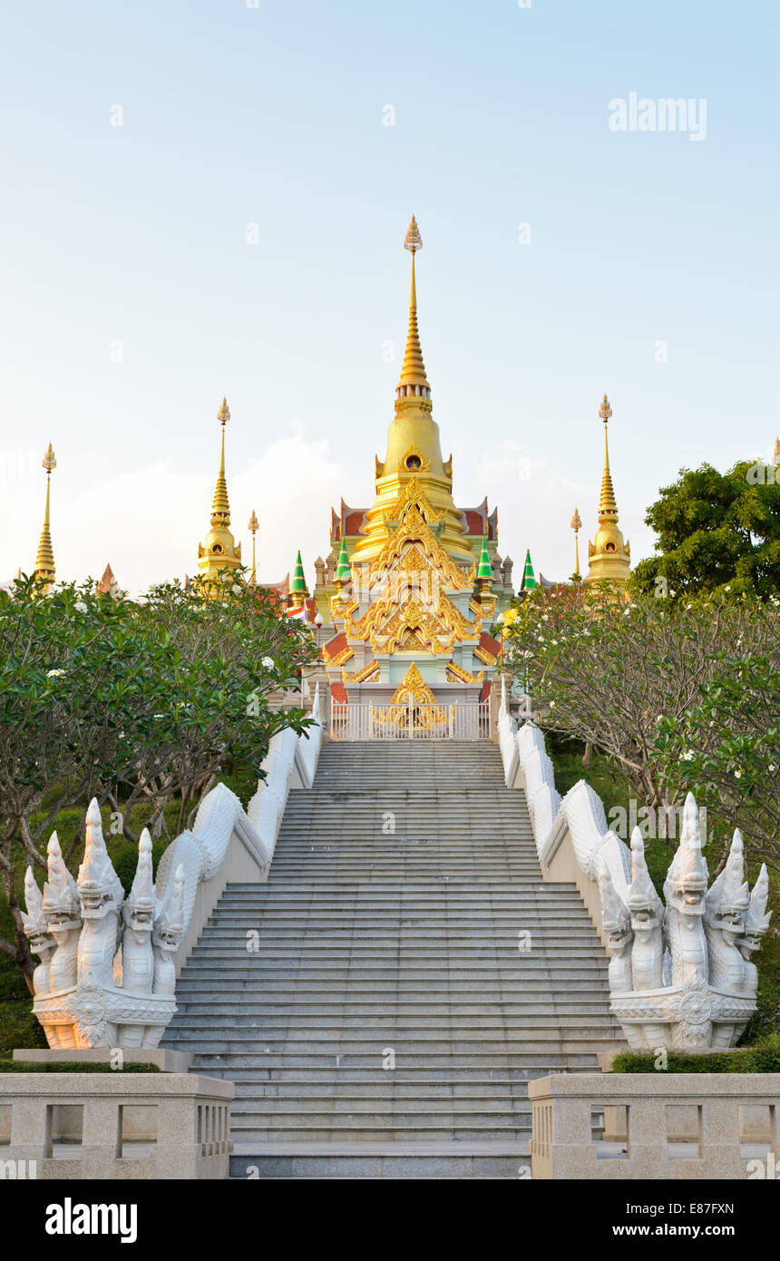 Stairs to Phra Mahathat Chedi Phakdi Prakat, Beautiful golden pagoda's famous on Thongchai mountain at Ban krut in Prachuap Khir Stock Photo