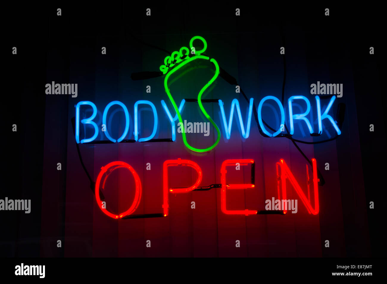 body work open neon sign Stock Photo Alamy