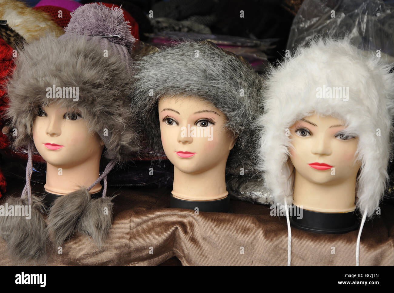 mannequin heads displaying hats for sale, Leicester Market, Leicester, England, UK Stock Photo