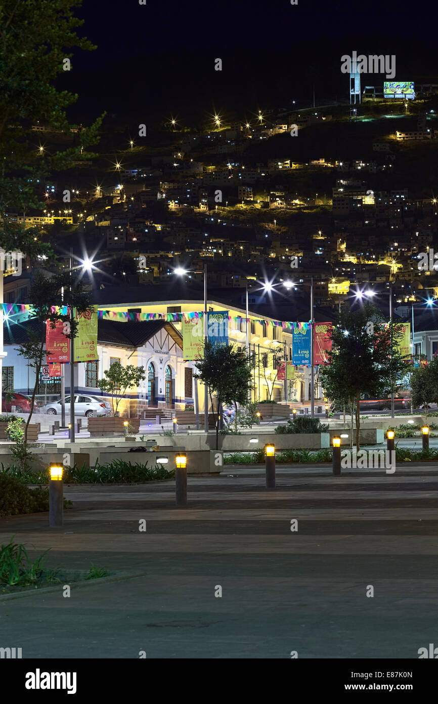Bulevar 24 de Mayo in the historic city center photographed at night in Quito, Ecuador Stock Photo