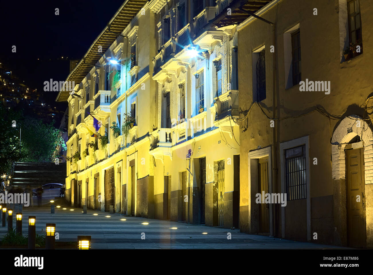 Buildings along the Bulever 24 de Mayo at Calle de la Ronda in the city center at night in Quito, Ecuador Stock Photo
