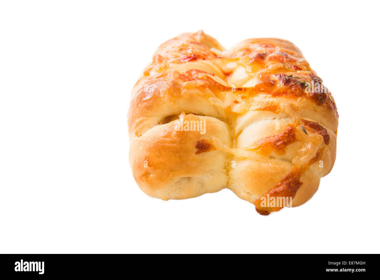 A sausage with cheese  bread on white Stock Photo