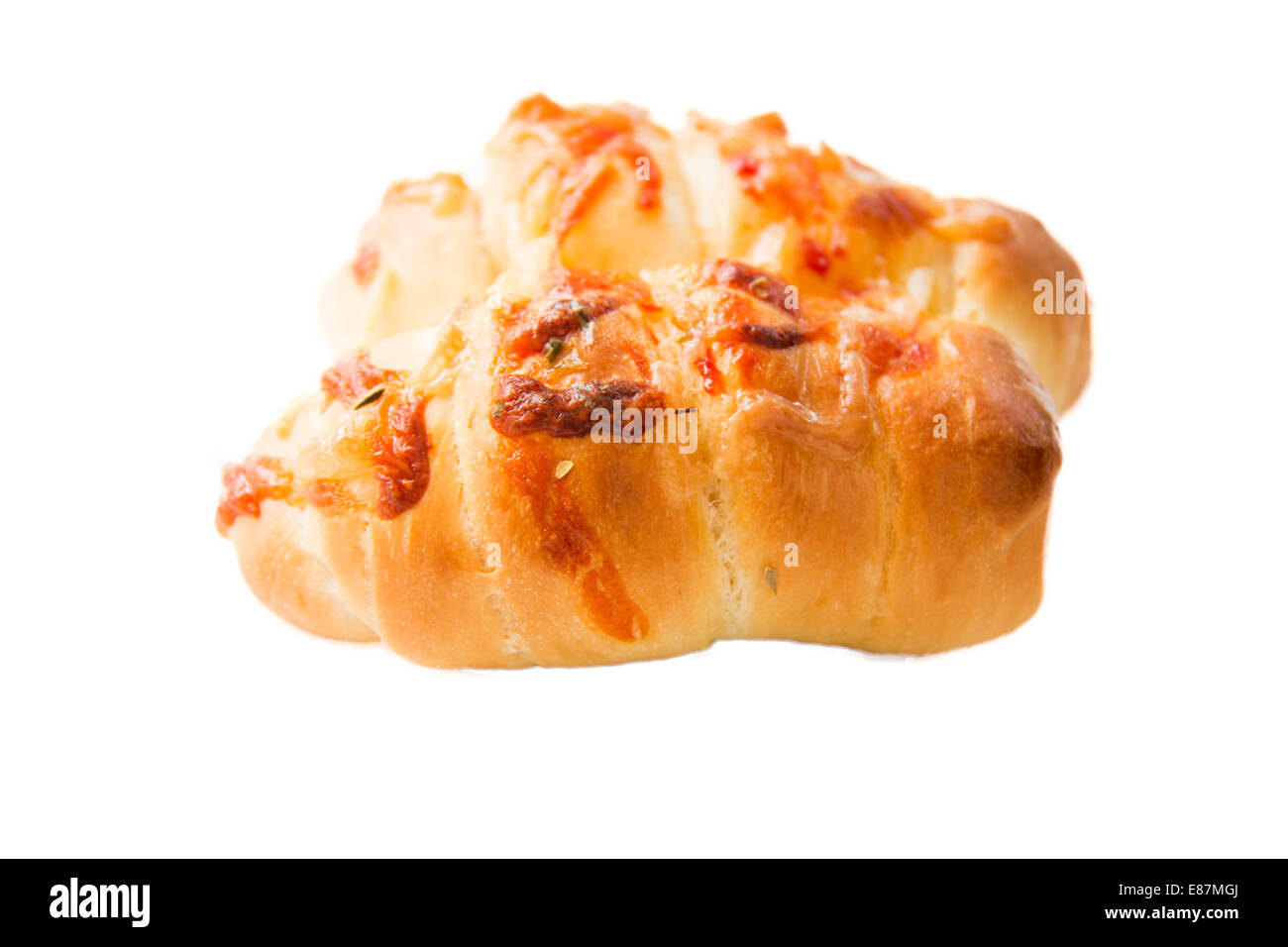 A sausage with cheese  bread on white Stock Photo