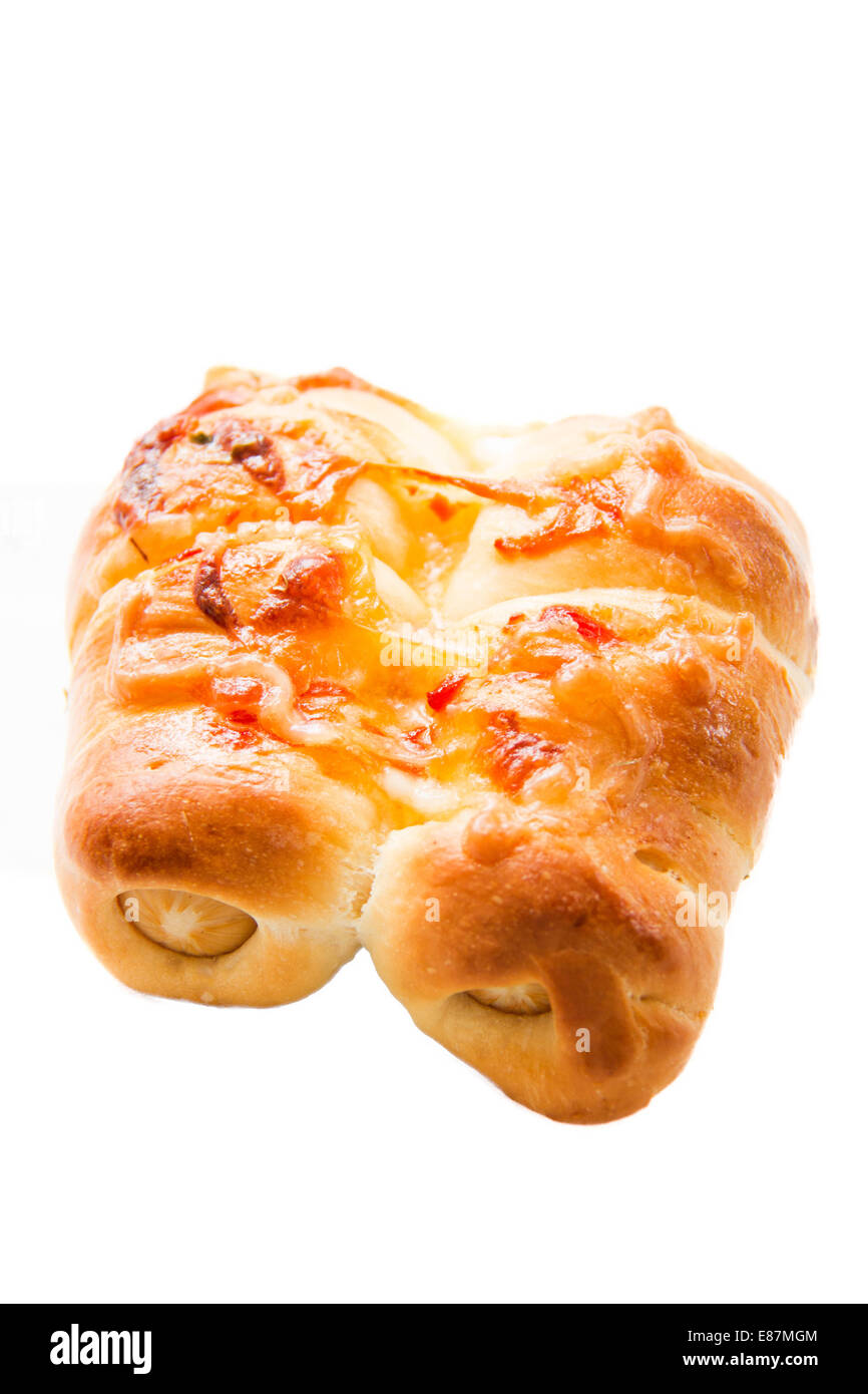A sausage with cheese  bread on white Stock Photo