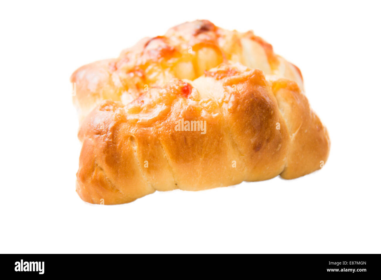 A sausage with cheese  bread on white Stock Photo