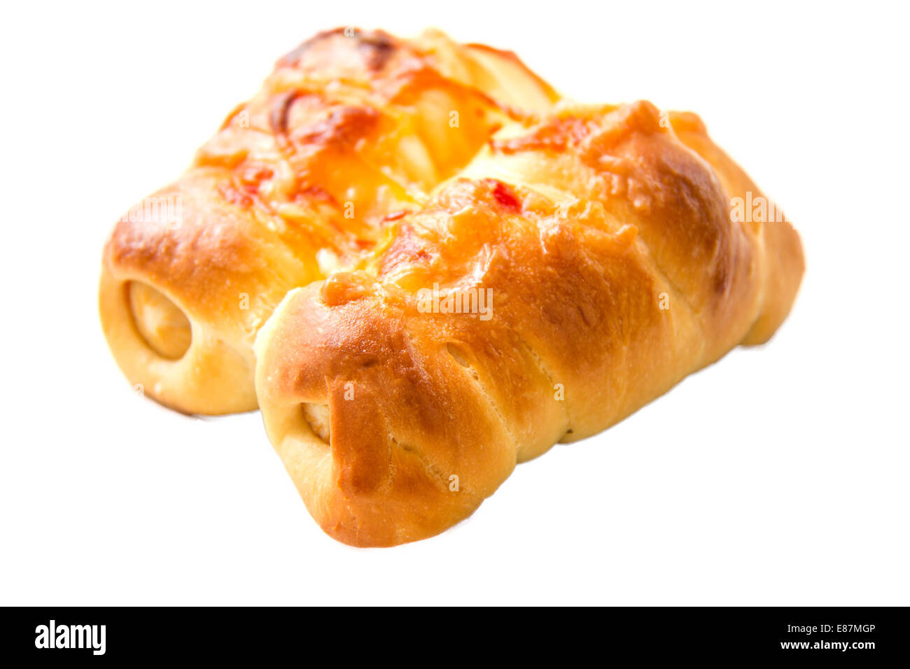A sausage with cheese  bread on white Stock Photo
