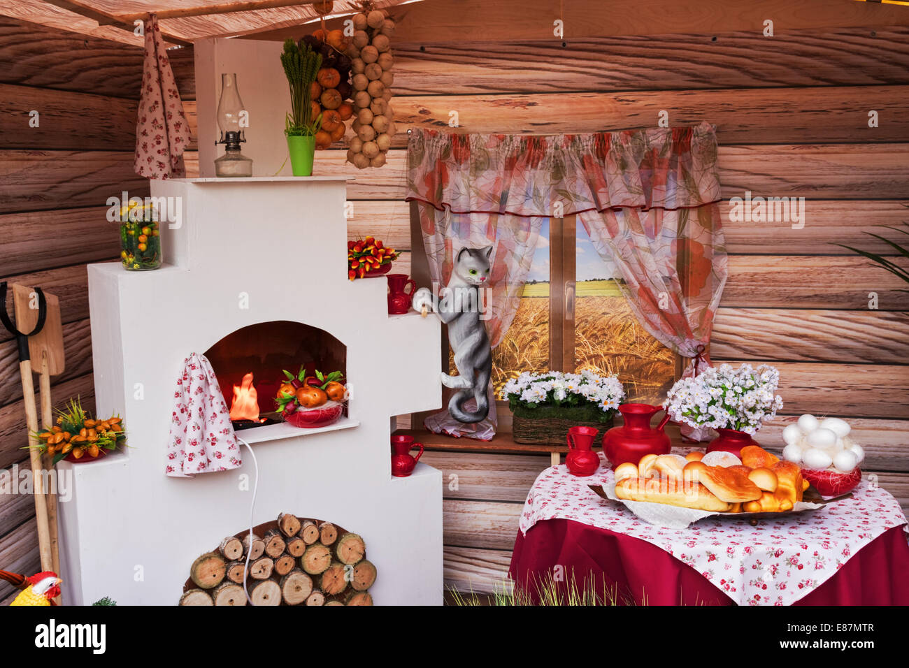 Interior of the room of the Russian rural house. Scenery. Stock Photo