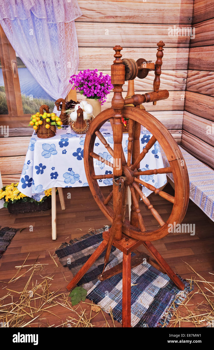 Interior of the room of the Russian rural house. Scenery. Stock Photo