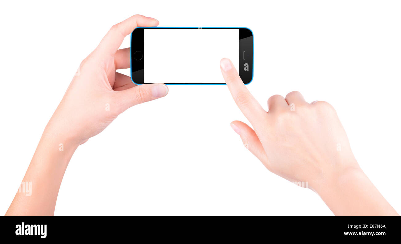 Woman hand holding Black Smartphone with blank screen Stock Photo - Alamy