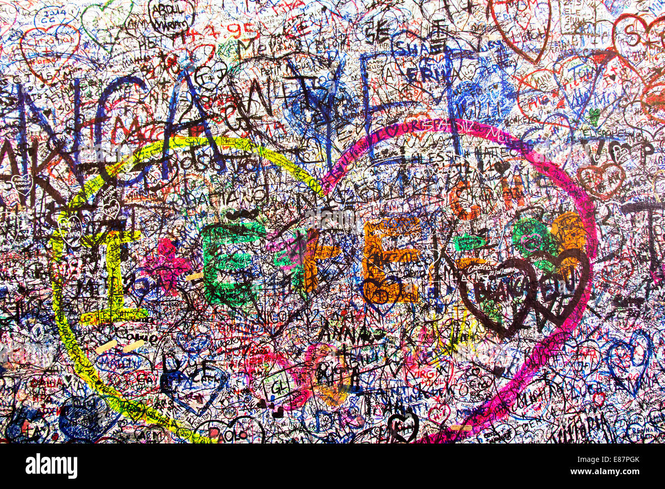 Part from the Wall full of messages from lovers in Juliet's House, Verona, Italy. Stock Photo