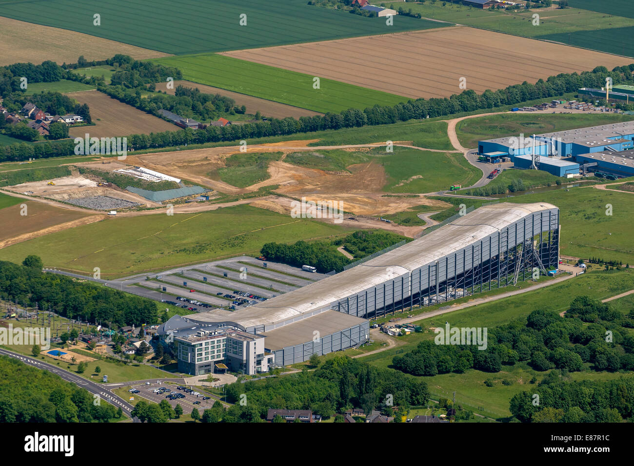 Aerial view, Skihalle Neuss indoor ski centre, Neuss, North Rhine-Westphalia, Germany Stock Photo