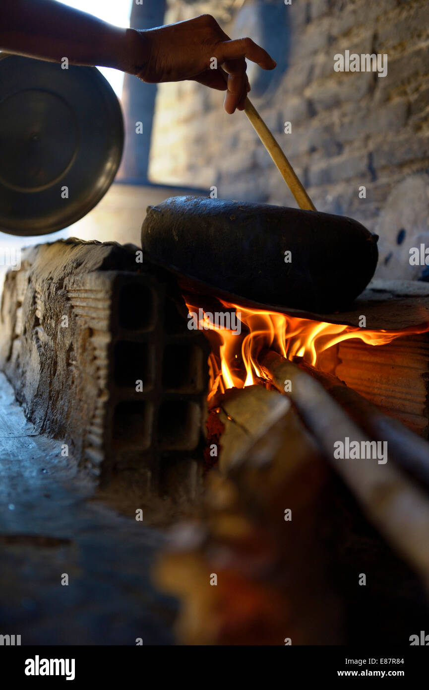 Fire in a simple stove made of mud and bricks, Crato, State of Ceará, Brazil Stock Photo