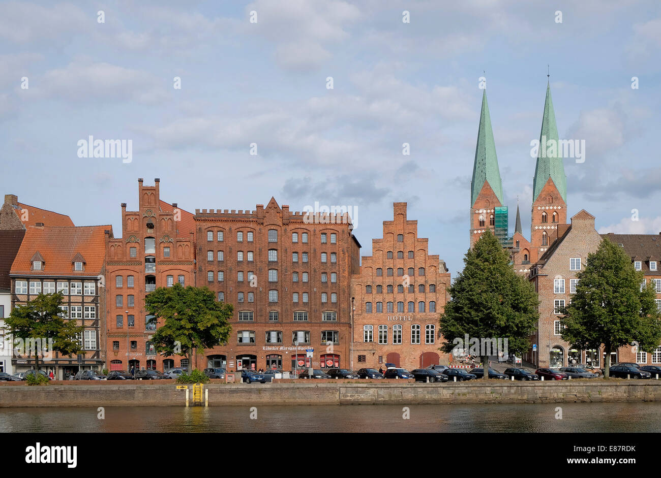 Historic centre with the Marzipan-Speicher warehouse on Untertrave or Trave River, Lübeck, Schleswig-Holstein, Germany Stock Photo