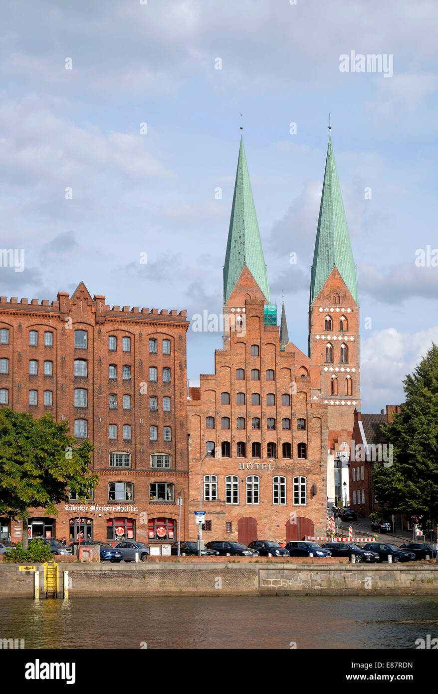 Historic centre with the Marzipan-Speicher warehouse on Untertrave or Trave River, Lübeck, Schleswig-Holstein, Germany Stock Photo